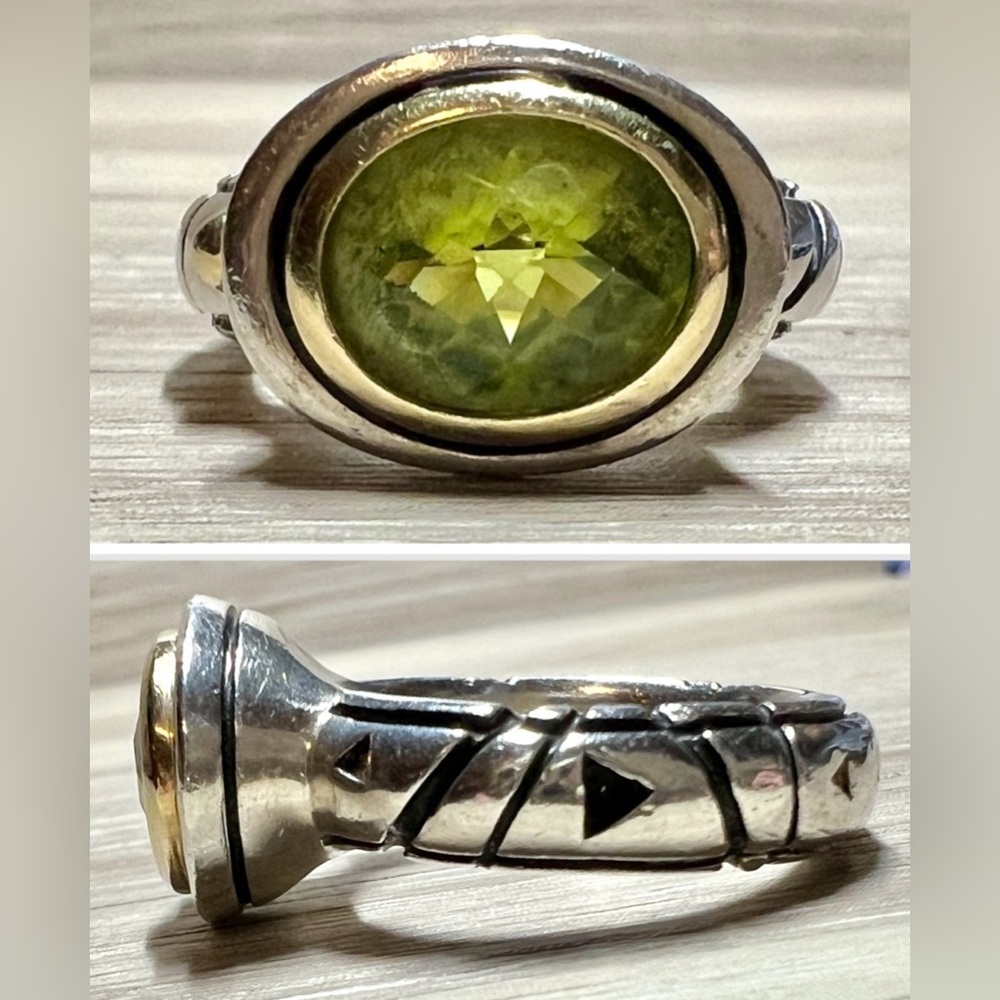 Vintage Designer John Atencio Sterling Silver & 18K Gold Peridot Ring, Size 6